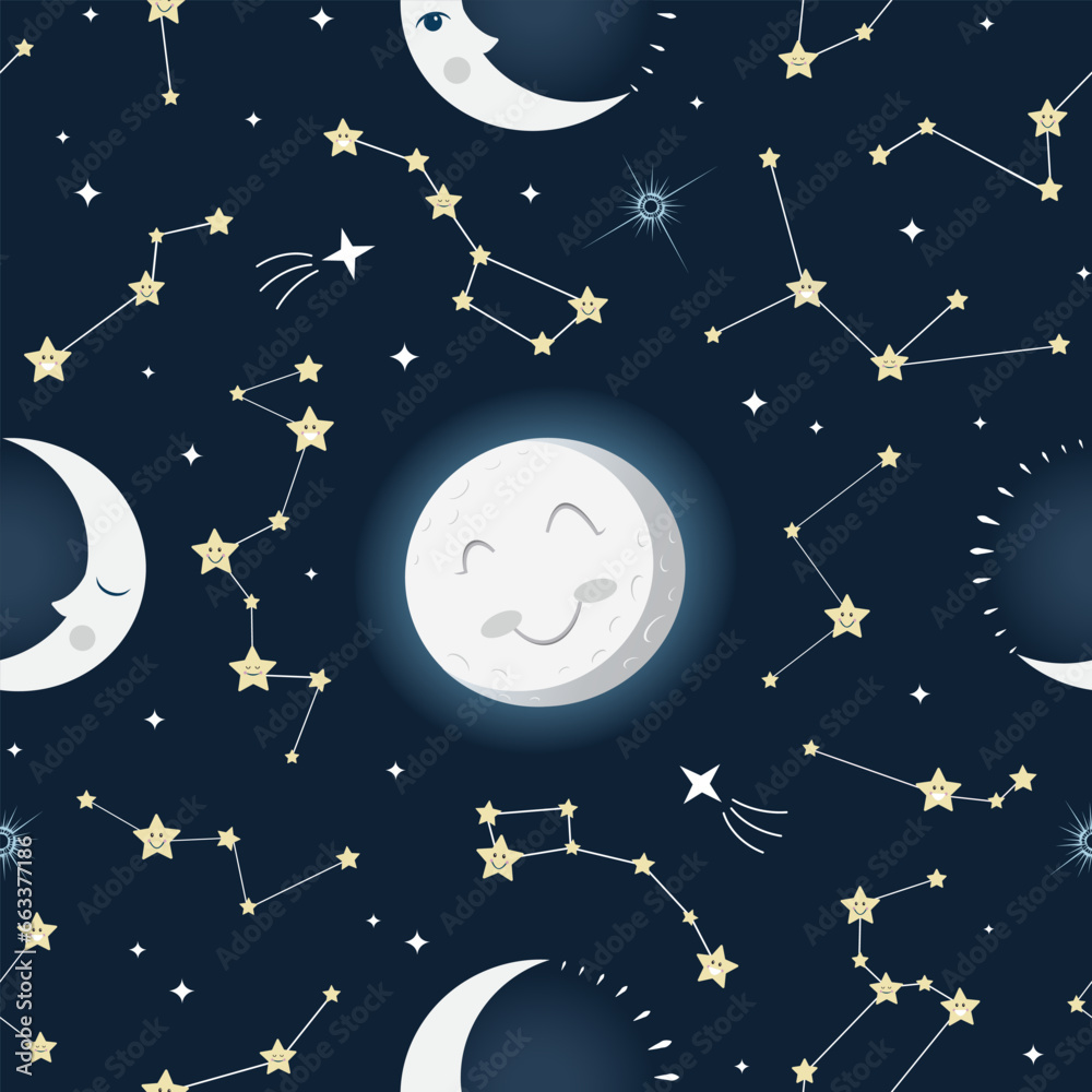 Full moon moon and crescent moon between cheerful constellations. Good night vector pattern for nursery.