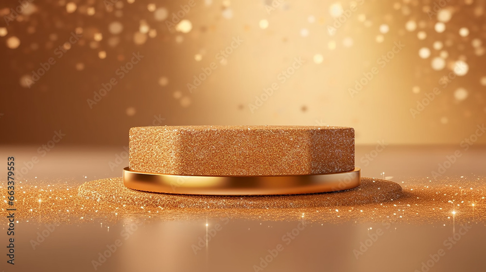 podium on a golden background with blurred bokeh.