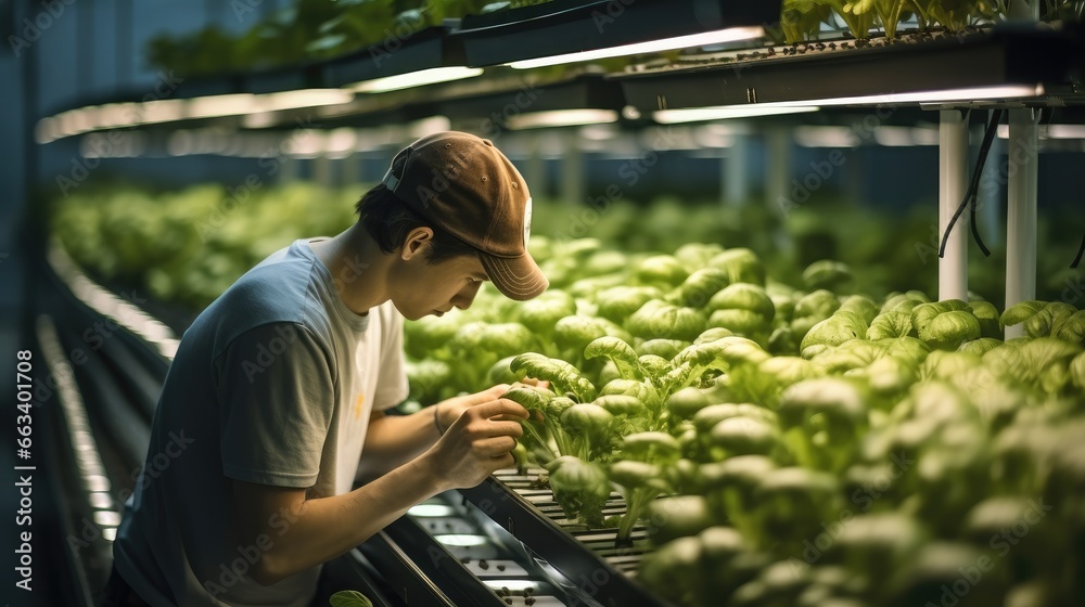 Agricultural Researchers monitoring vegetables in a hydroponic greenhouse.