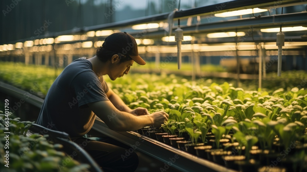 Agricultural Researchers monitoring vegetables in a hydroponic greenhouse.