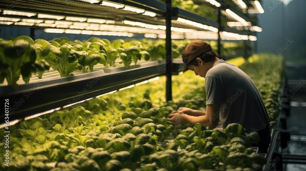 Agricultural Researchers monitoring vegetables in a hydroponic greenhouse.