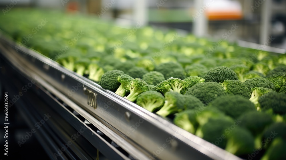 Broccoli, Production of broccoli on conveyor belt in factory, Concept with automated food production.