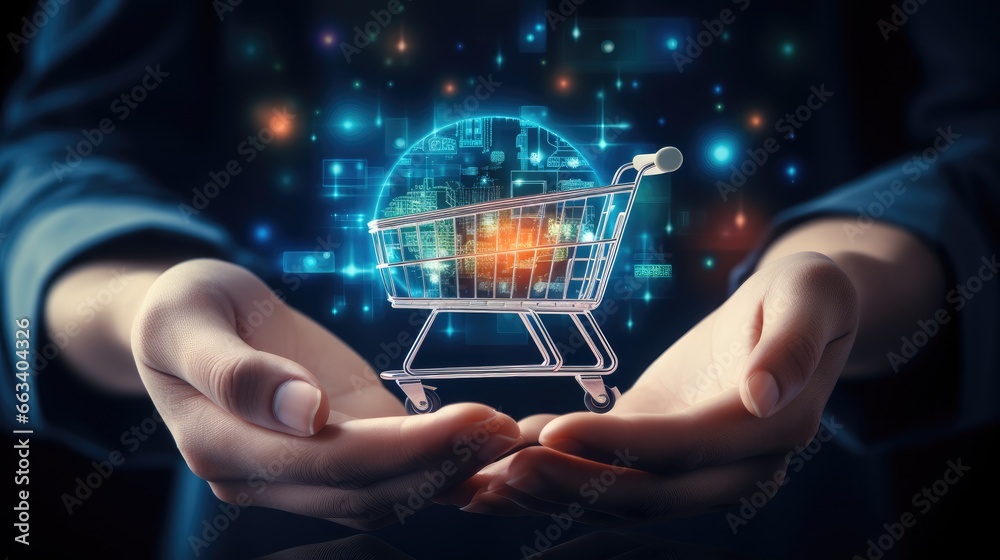 Online shopping business concept, Virtual infographics with trolley cart icons technology on hand.