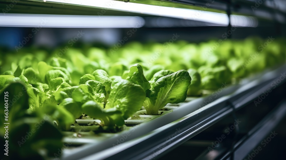 Lettuce, Production of lettuce on conveyor belt in factory, Concept with automated food production.