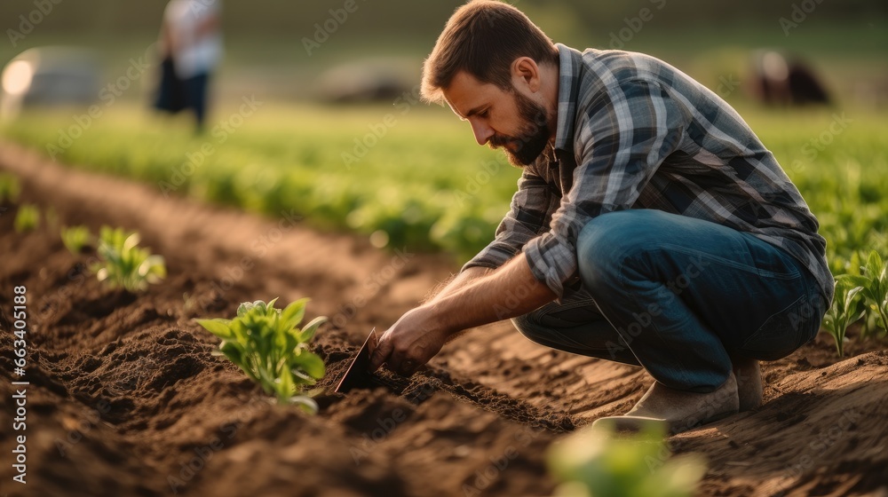 Farmer plantation checking quality agriculture soil quality on the field using tablet, Modern technology concept.