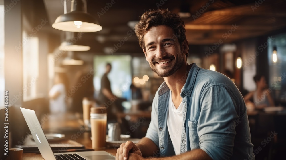 Happy male with laptop in coffee shop.