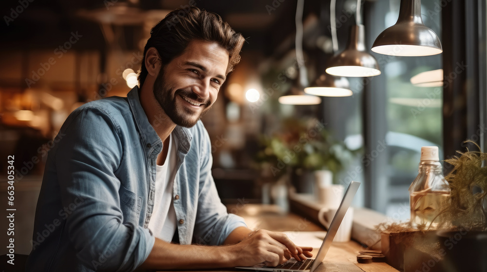 Happy male with laptop in coffee shop.