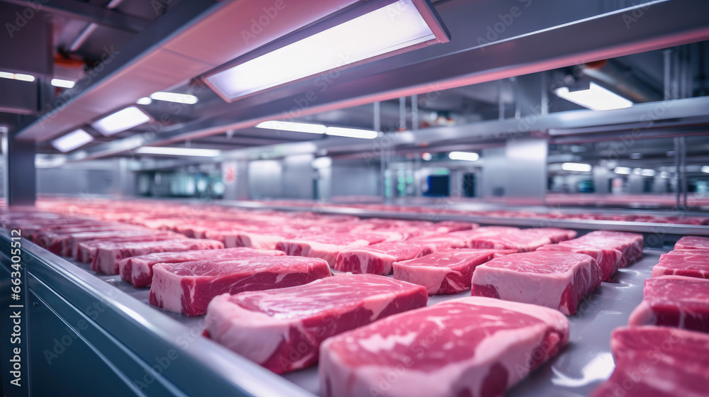 Fresh Raw Pork Chops in Meat Factory, Raw meat cuts on a industrial conveyor belt.