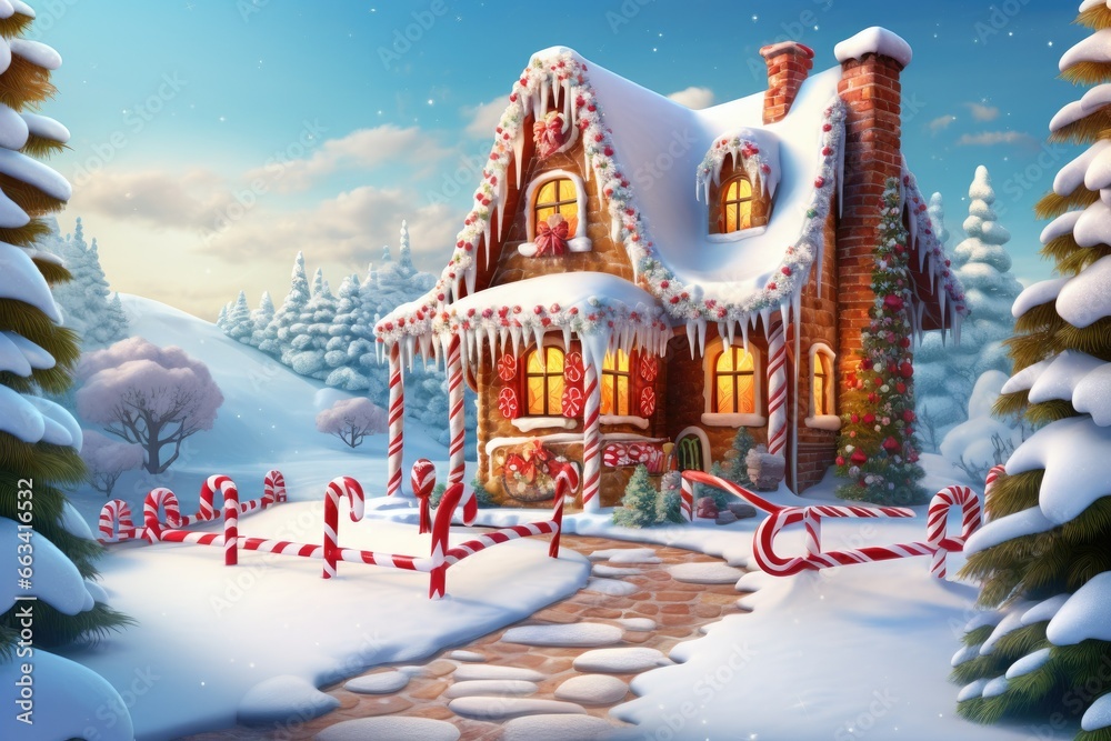  a christmas scene with a gingerbread house and candy canes.  generative ai