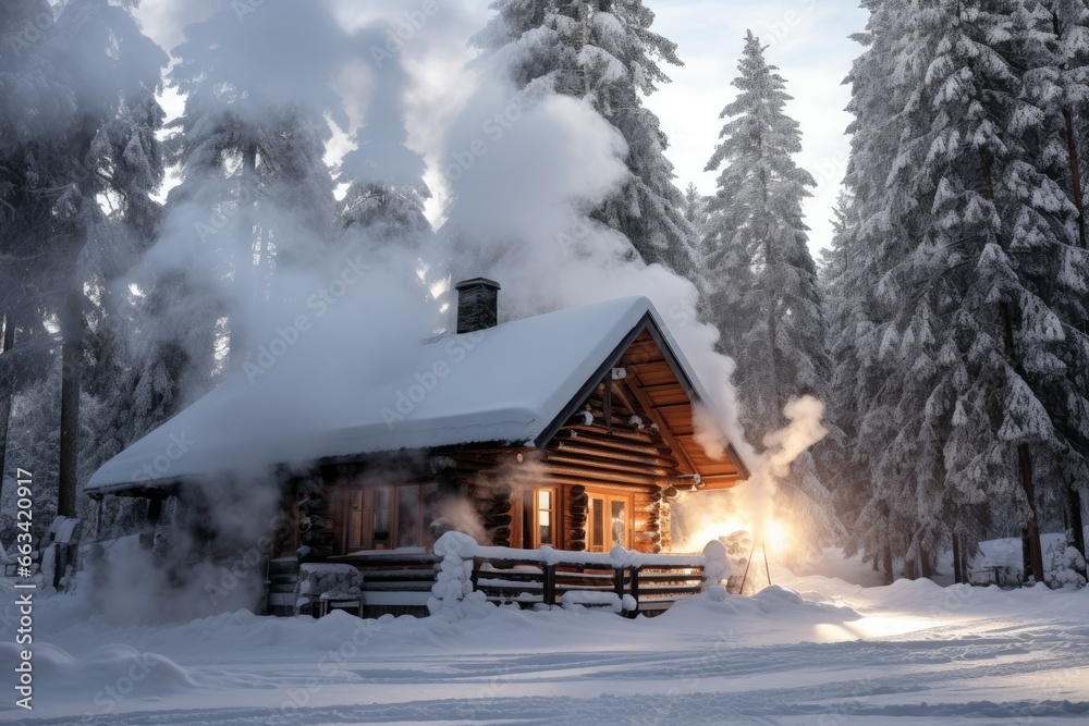  a cabin in the snow with steam coming out of the roof.  generative ai