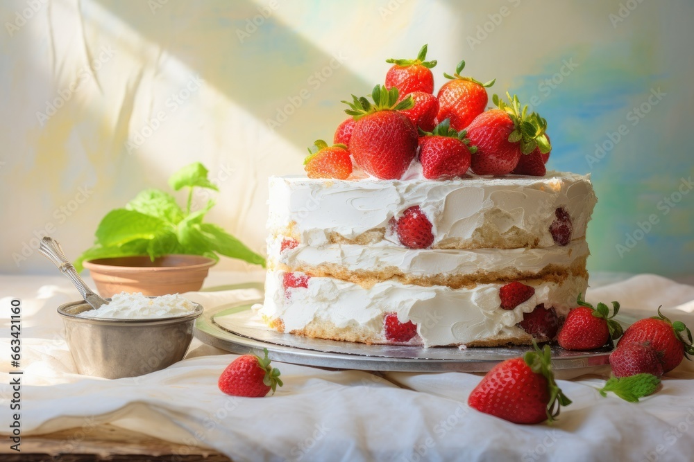  a cake with strawberries on top of it and a bowl of strawberries on the side.  generative ai