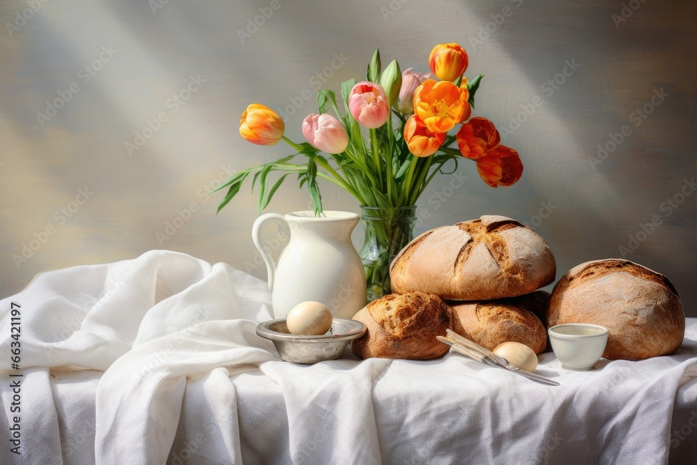  a table topped with bread and flowers next to a vase of flowers.  generative ai