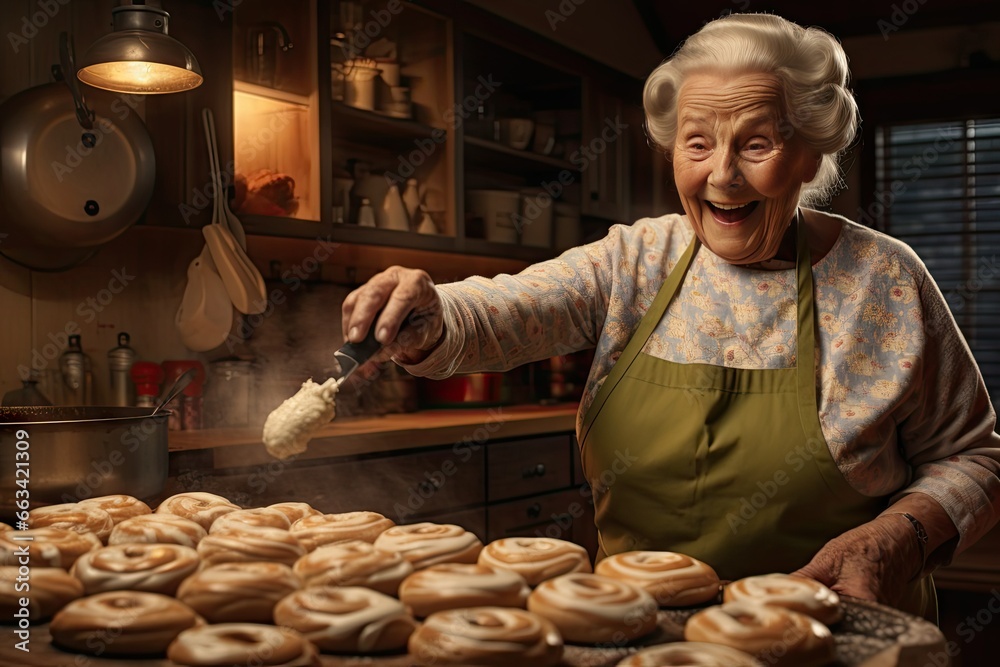  an elderly woman is making donuts in a kitchen with a lot of cooking equipment.  generative ai