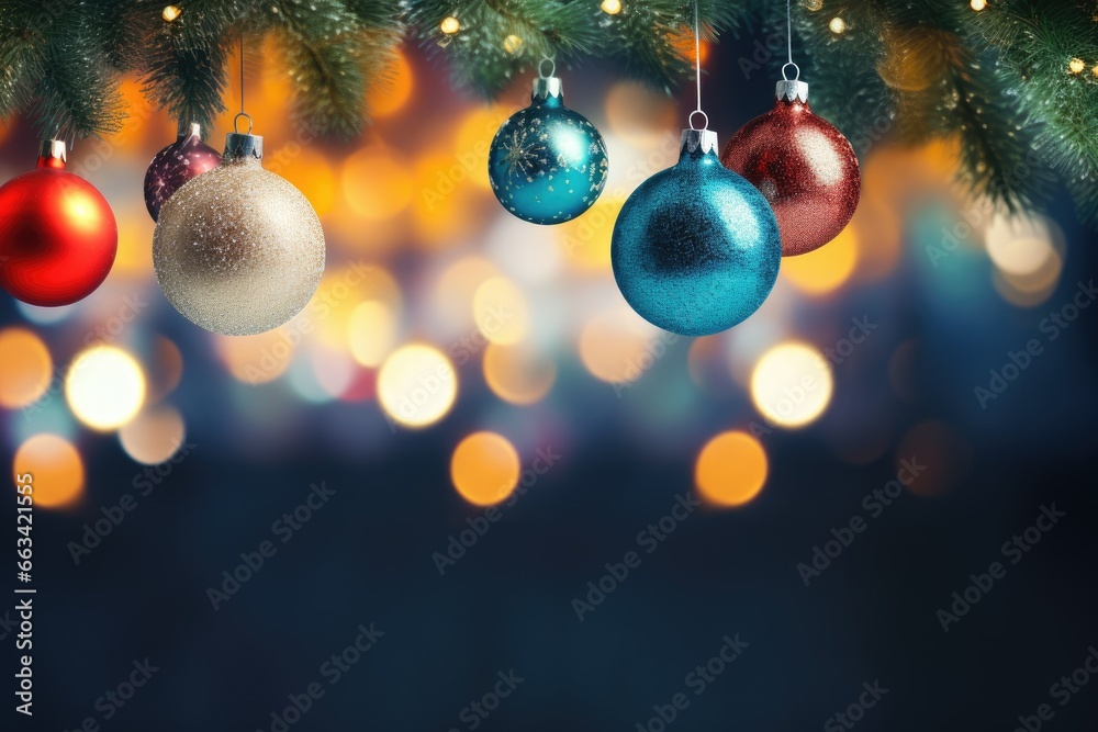  christmas ornaments hanging from a christmas tree with lights in the background.  generative ai