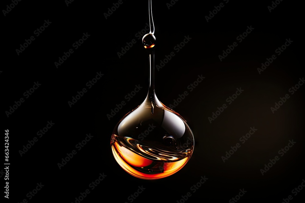  a drop of liquid hanging from a hook on a black background.  generative ai