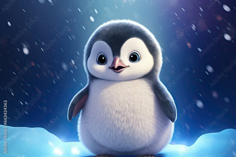  a penguin is standing in the snow with snow flakes.  generative ai