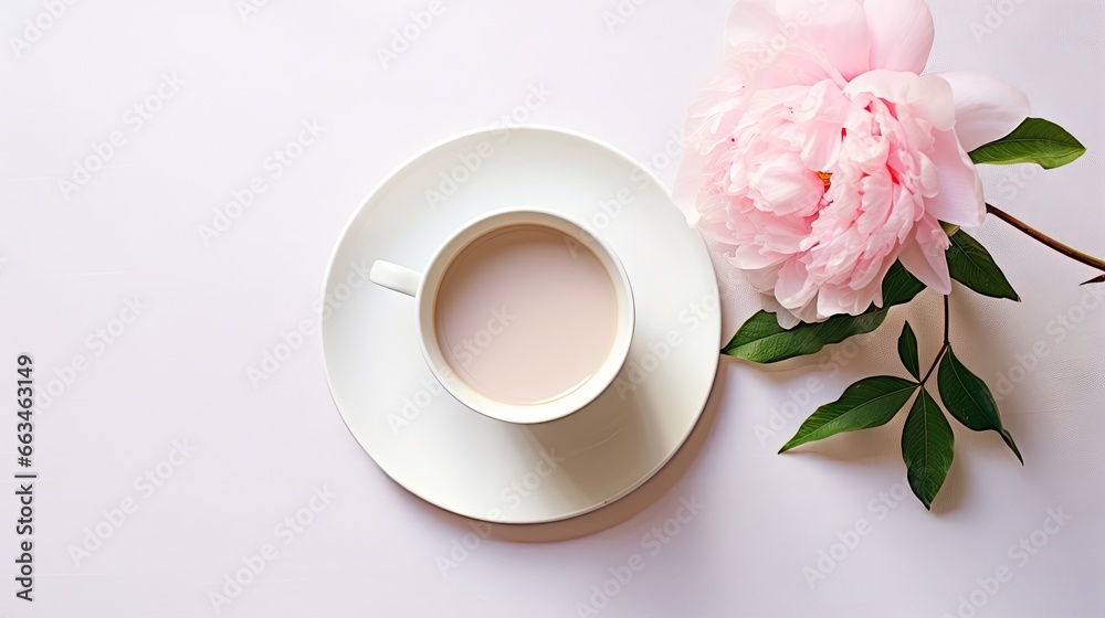  a cup of coffee and a pink flower on a white table.  generative ai