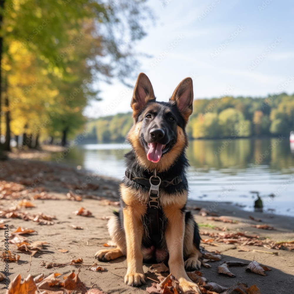 A loyal German Shepherd sitting by a lake with a brown leash