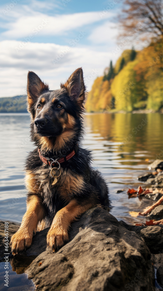 A loyal German Shepherd sitting by a lake with a brown leash