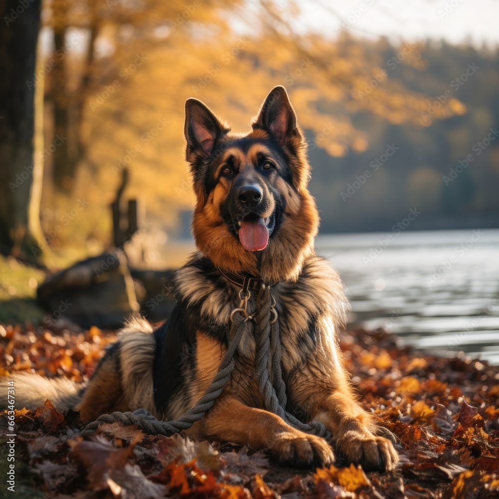 A loyal German Shepherd sitting by a lake with a brown leash