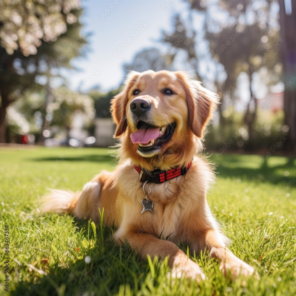 A happy Golden Retriever on a green lawn with a red leash