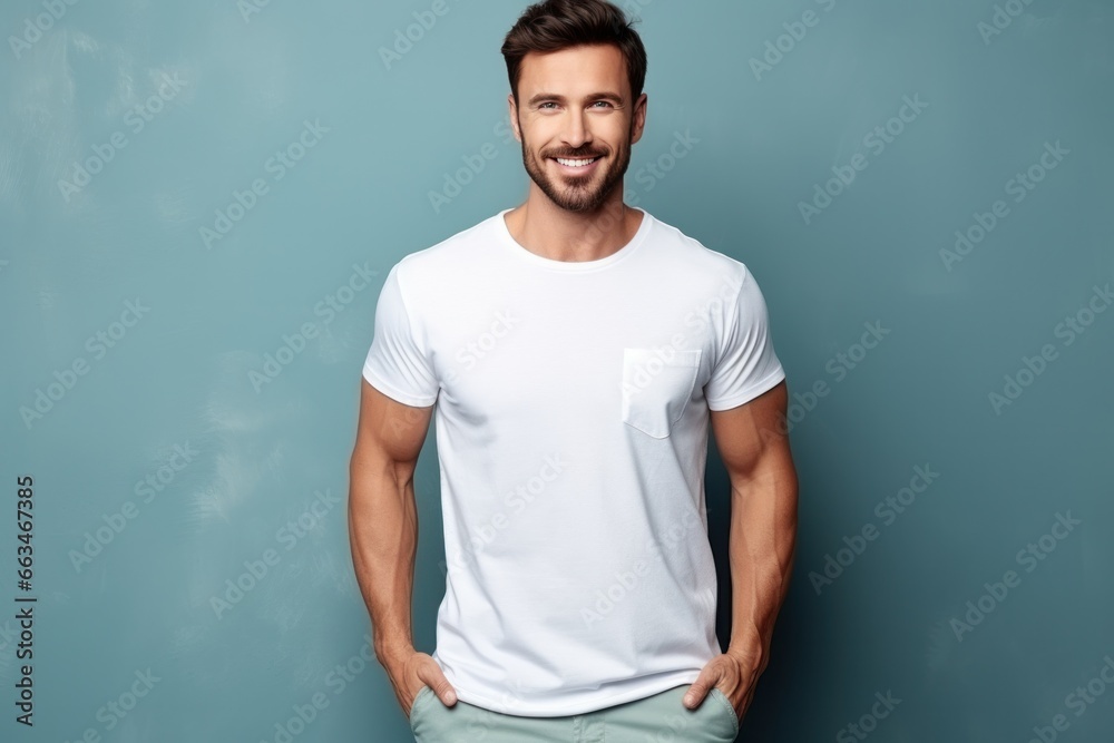 A joyful man stands with his hands in his pockets, wearing a white mock up t shirt.