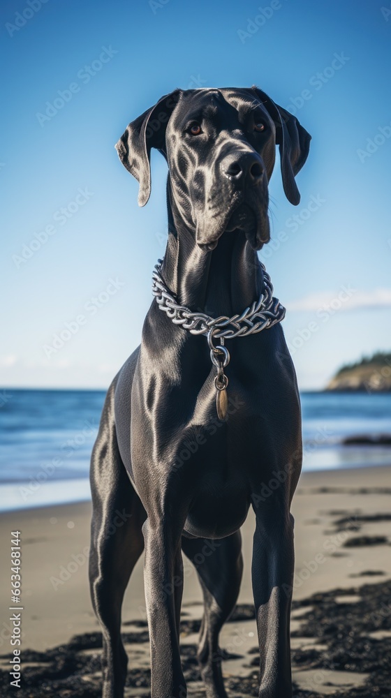 A majestic Great Dane standing on a beach with a black leash