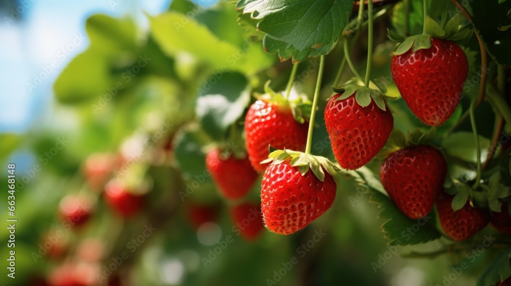 Strawberries grow on a tree on a sunny day. Created with Generative Ai technology.