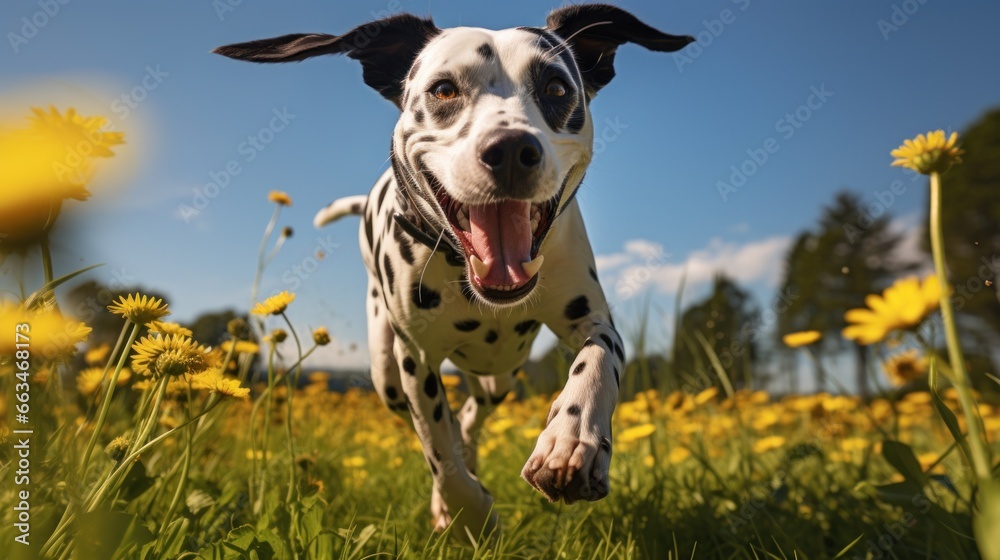 A playful Dalmatian running in a field with a yellow leash