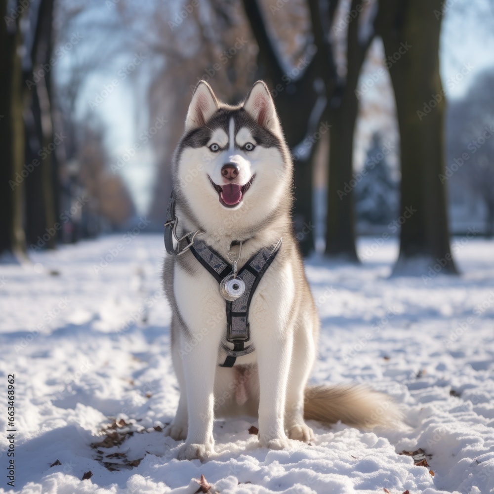 A regal Husky standing in a snow-covered park with a white leash