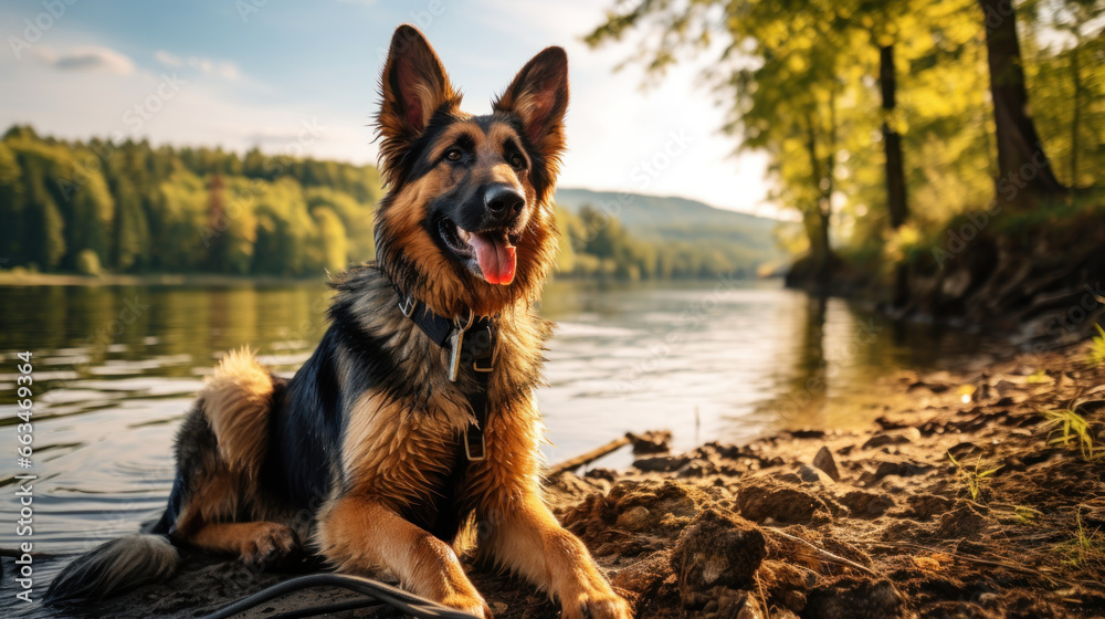 A loyal German Shepherd sitting by a lake with a brown leash