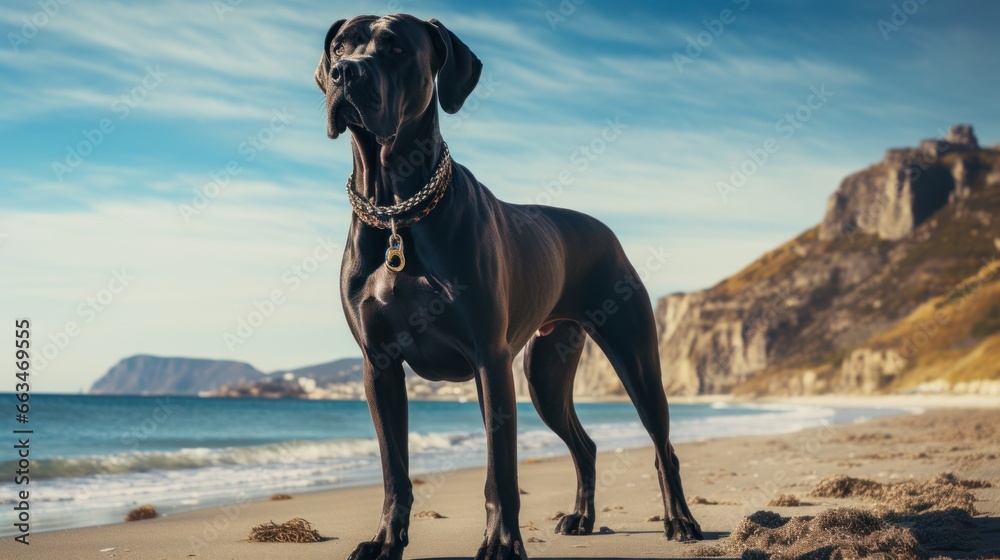 A majestic Great Dane standing on a beach with a black leash