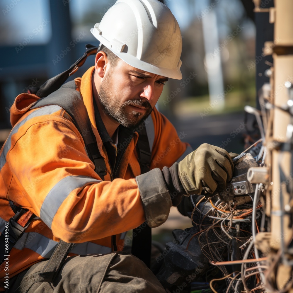 Worker repairing electrical wires on a power line