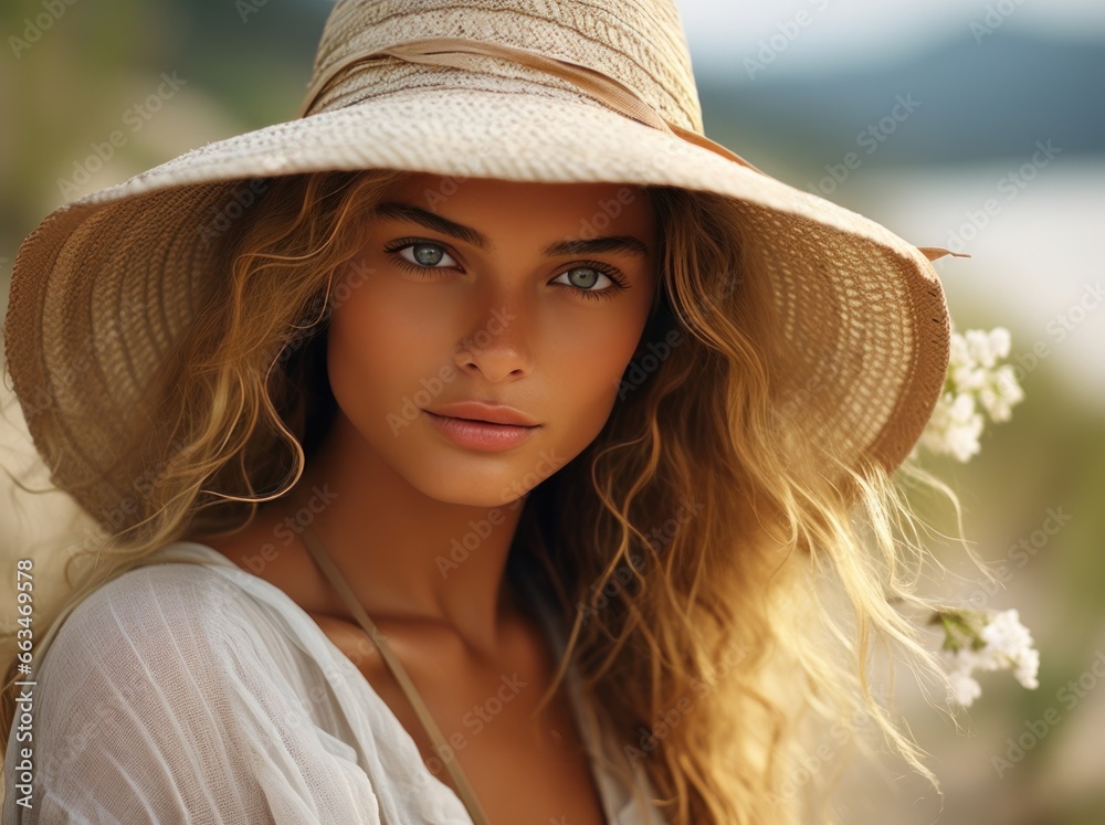 attractive beach woman in straw hat