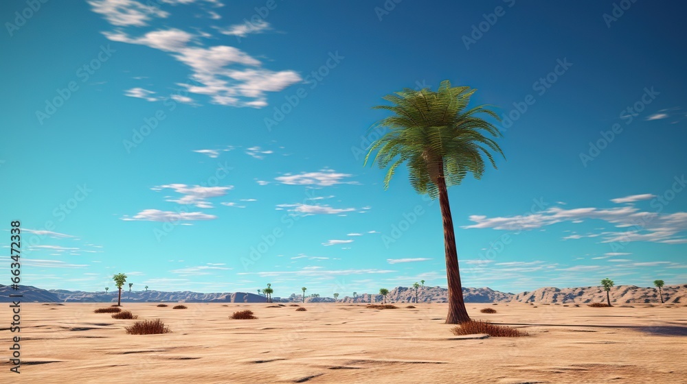  a palm tree in the middle of a desert with a blue sky in the background.  generative ai