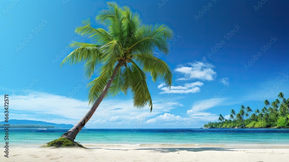  a palm tree on a beach with a blue sky in the background.  generative ai