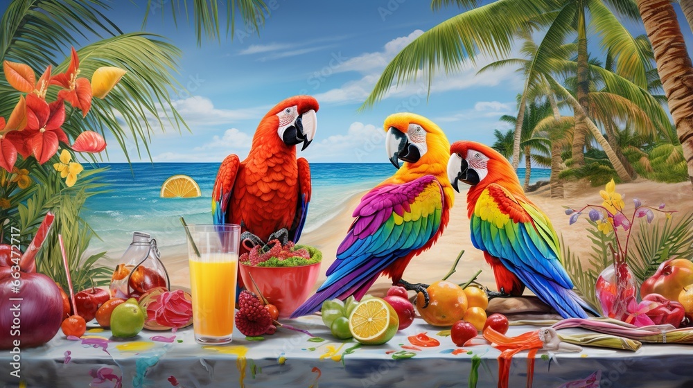  a painting of two colorful parrots sitting on a table.  generative ai