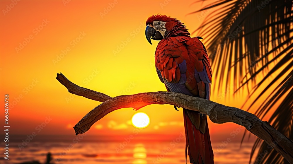  a red parrot sitting on a branch of a tree in front of a sunset.  generative ai