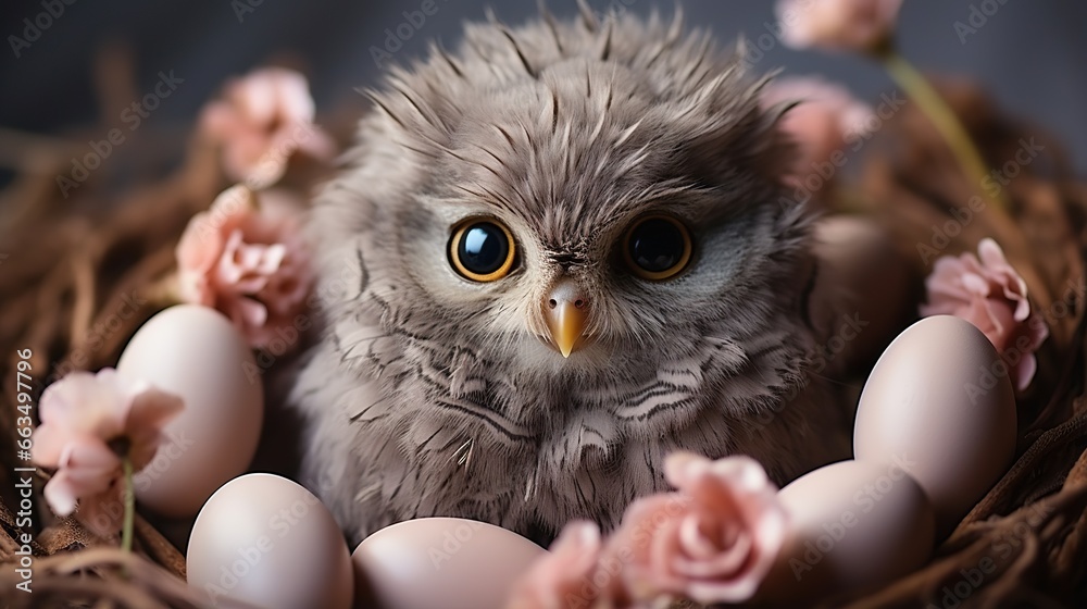  a baby owl sitting in a nest with eggs and flowers.  generative ai