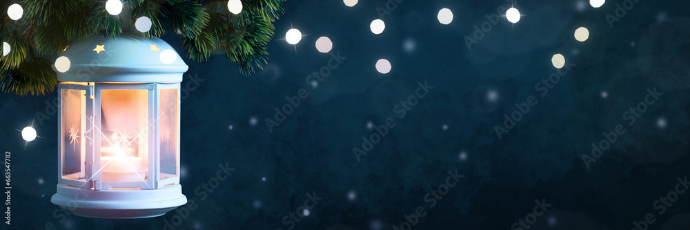 Christmas Lantern on dark background with flares