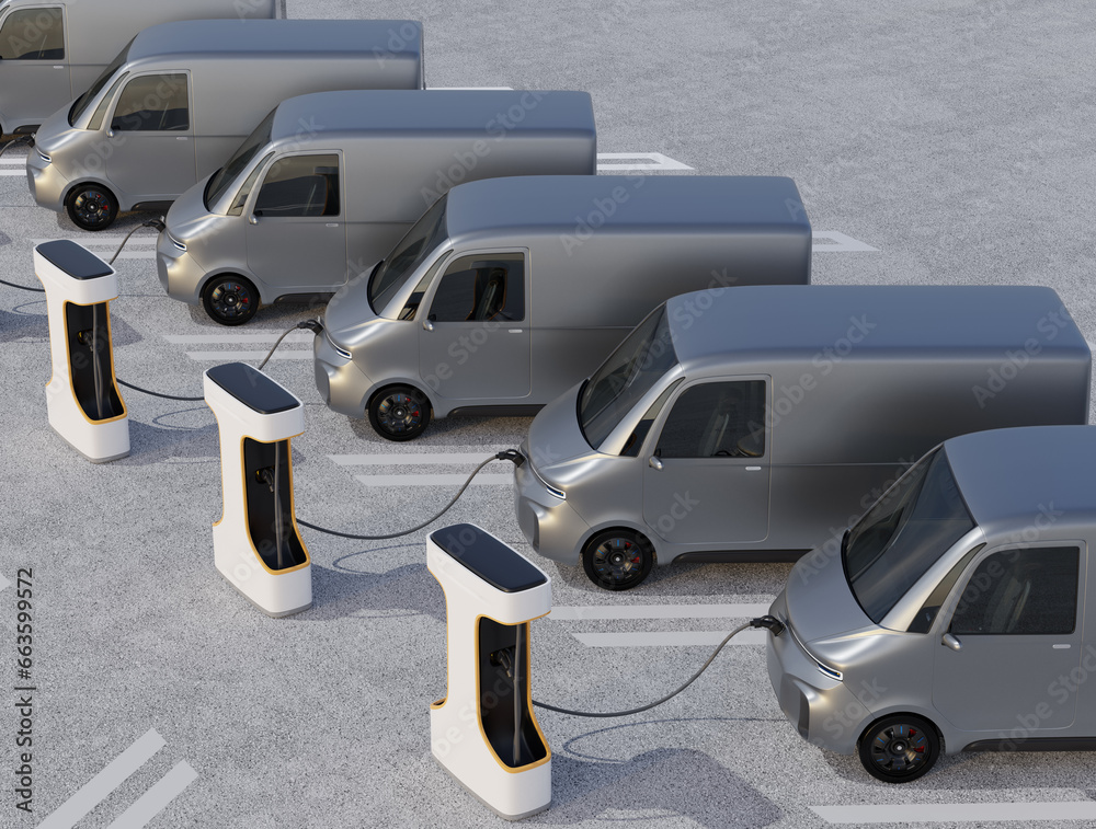 Fleet of Electric Delivery Vans charging in charging station. Generic design. 3D rendering image.