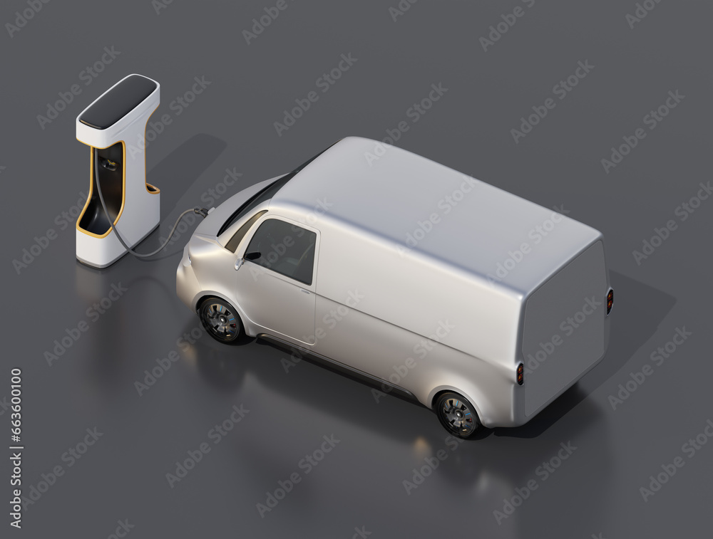 Isometric view of Electric Delivery Van charging in charging station. Generic design. 3D rendering image.