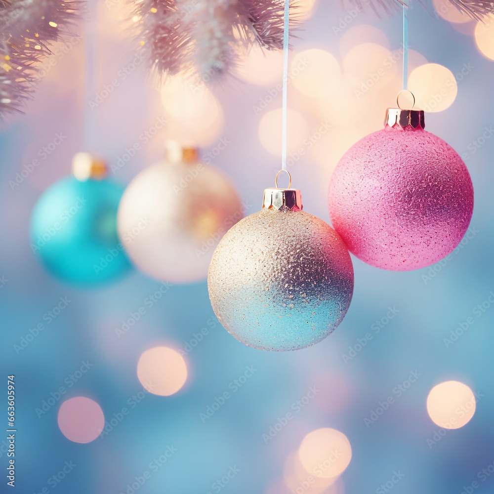 Christmas pastel colored baubles with beautiful bokeh lights