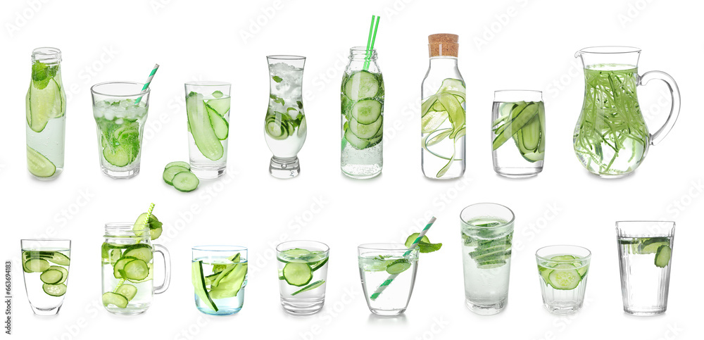 Set of fresh cucumber infused water isolated on white