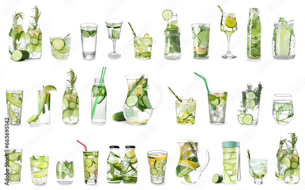 Many glassware of fresh cucumber infused water isolated on white