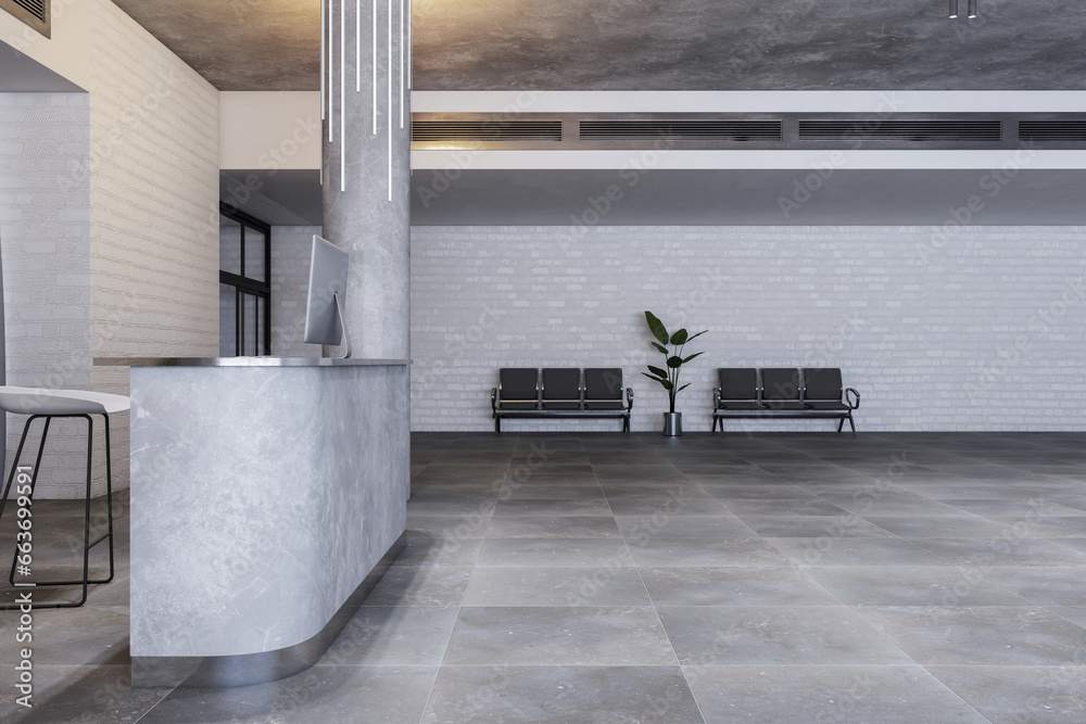 Side view of modern brick office interior with reception desk, columns, curtain and concrete tile flooring. 3D Rendering.