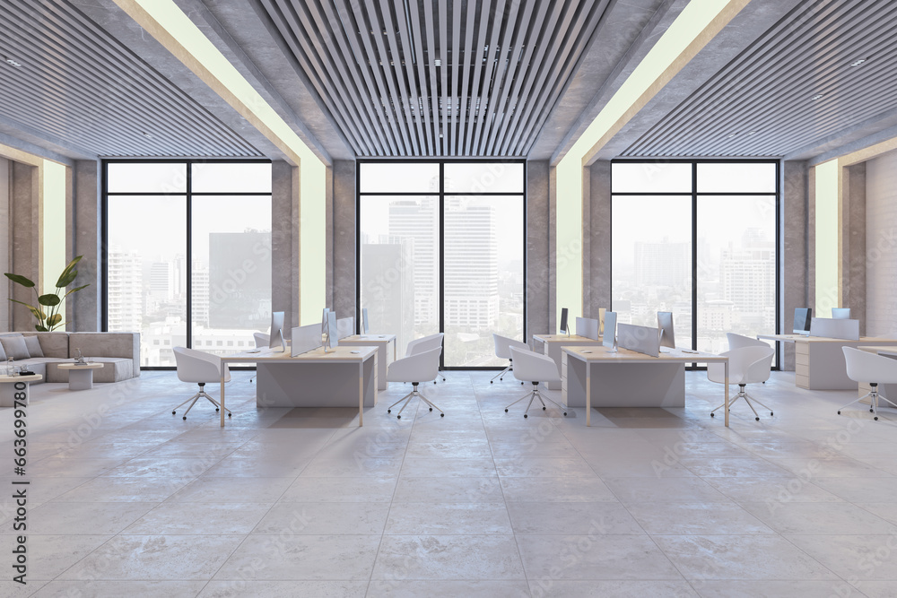 Clean bright coworking office interior with window and city view, furniture and daylight. 3D Rendering.