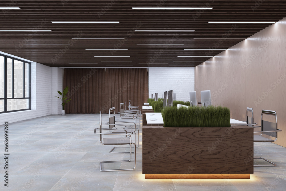 Bright beige coworking office interior with furniture and plant partitions. 3D Rendering.