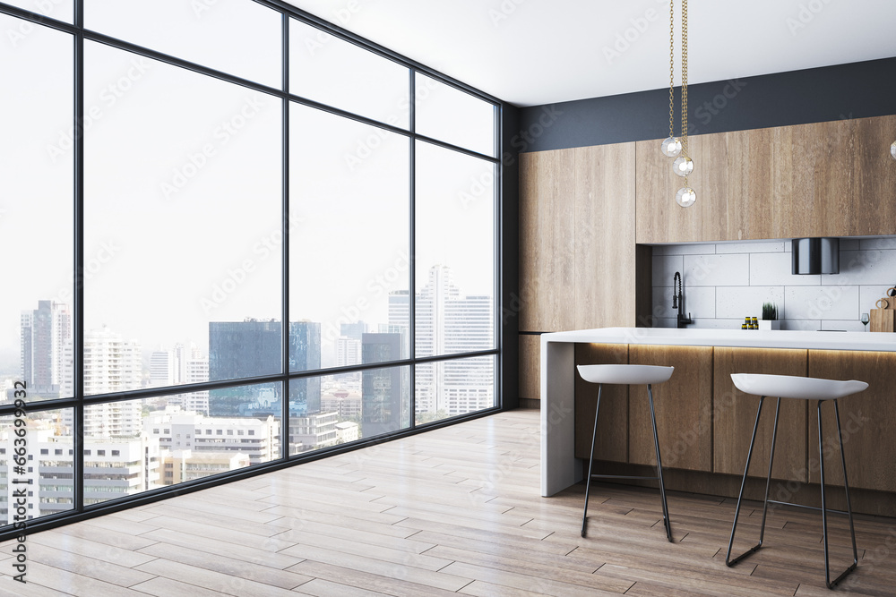 Clean wooden kitchen interior with furniture and panoramic window with city view and daylight. 3D Rendering.