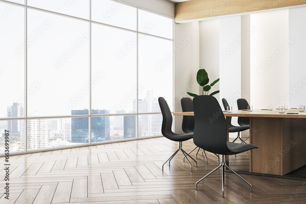 Clean meeting room interior with panoramic window and city view, furniture and wooden flooring. 3D Rendering.